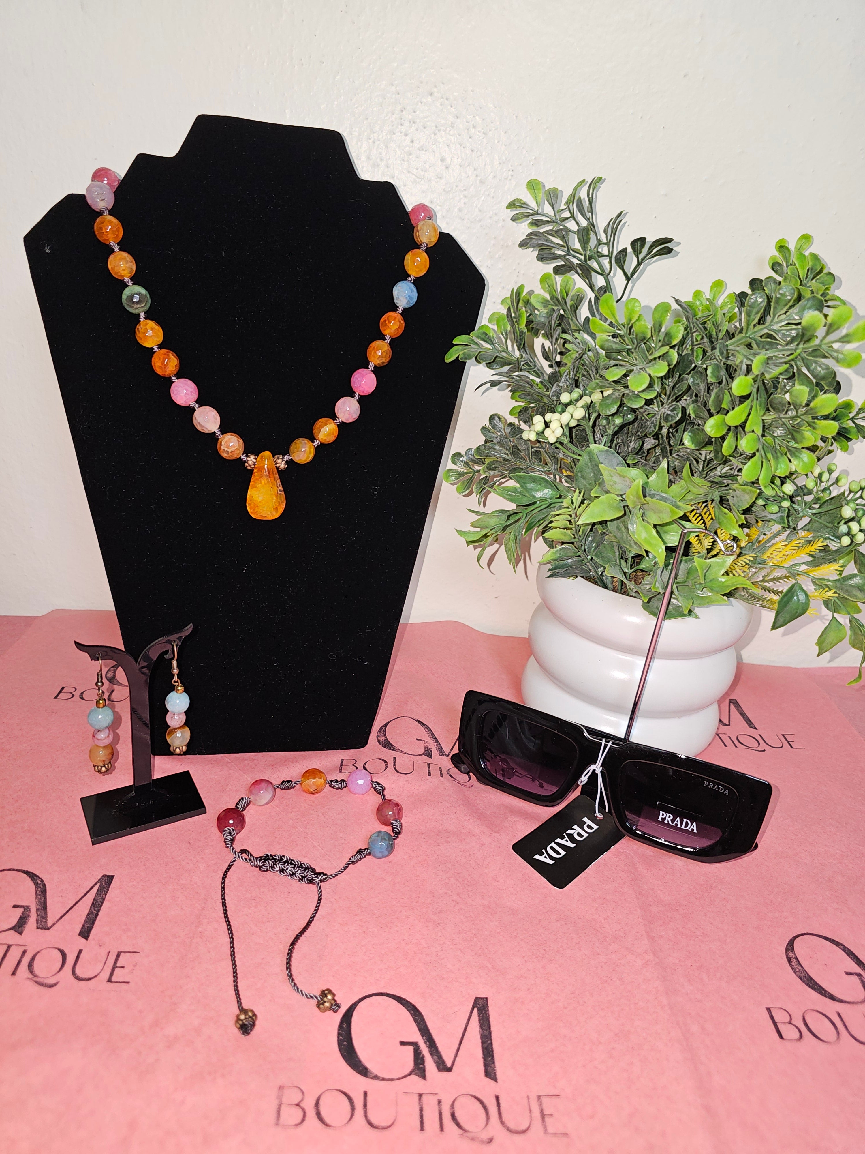 Set Collar, Pulsera y Pantallas piedras semipreciosas – Rosa, Naranja & Azul Claro