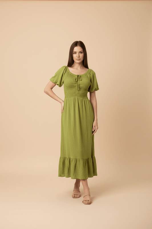 Vestido Midi Romántico con Fruncido y Lazo Ajustable - GM Fashion Boutique