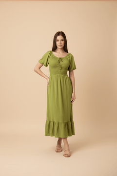 Vestido Midi Romántico con Fruncido y Lazo Ajustable - GM Fashion Boutique