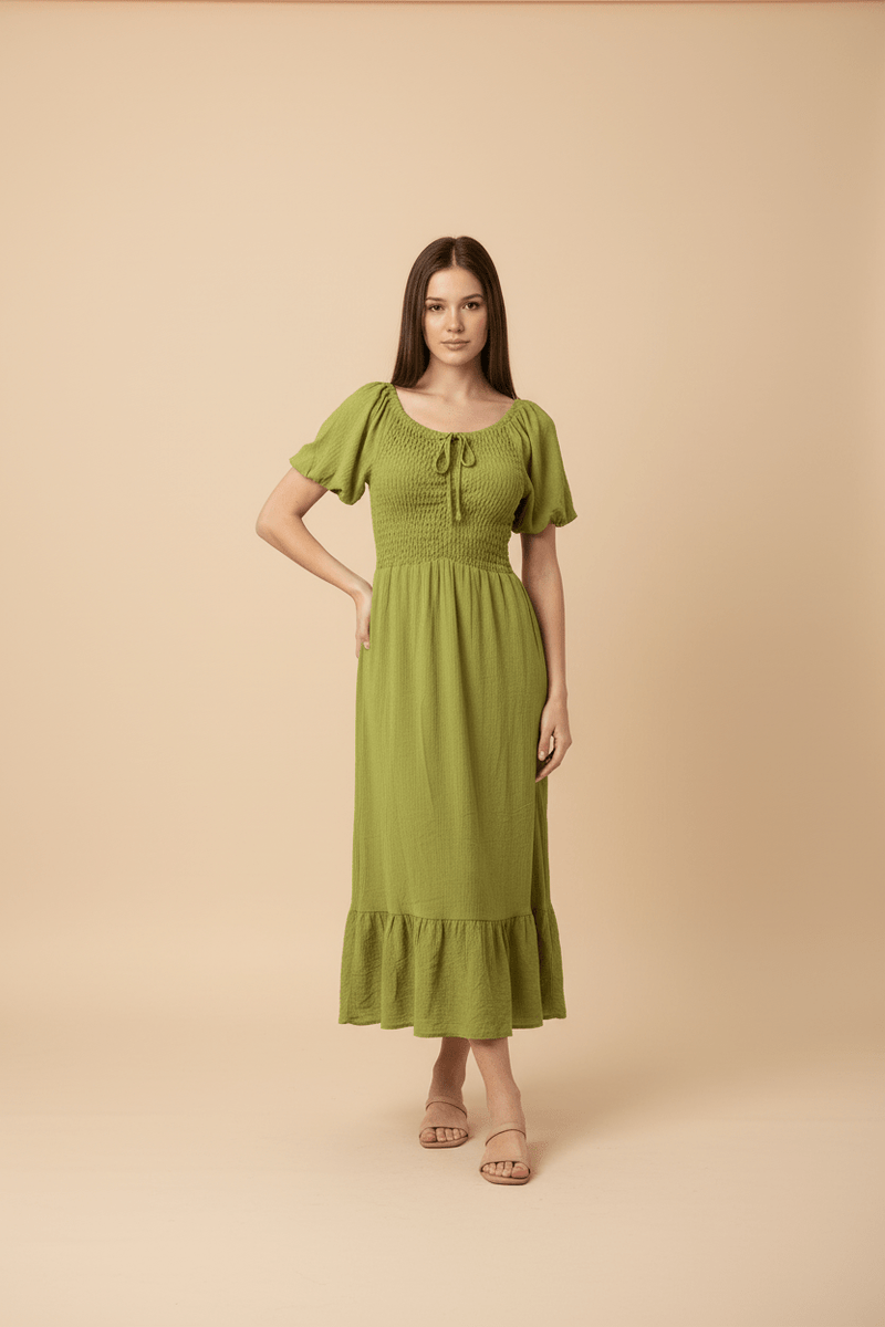 Vestido Midi Romántico con Fruncido y Lazo Ajustable - GM Fashion Boutique