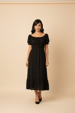 Vestido Midi Romántico con Fruncido y Lazo Ajustable - GM Fashion Boutique