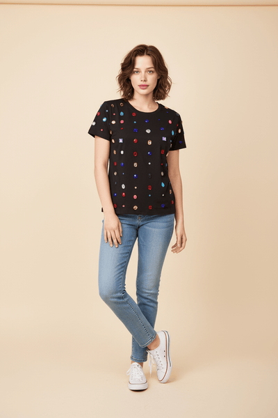 Blusa Negra con Pedrería Multicolor - GM Fashion Boutique