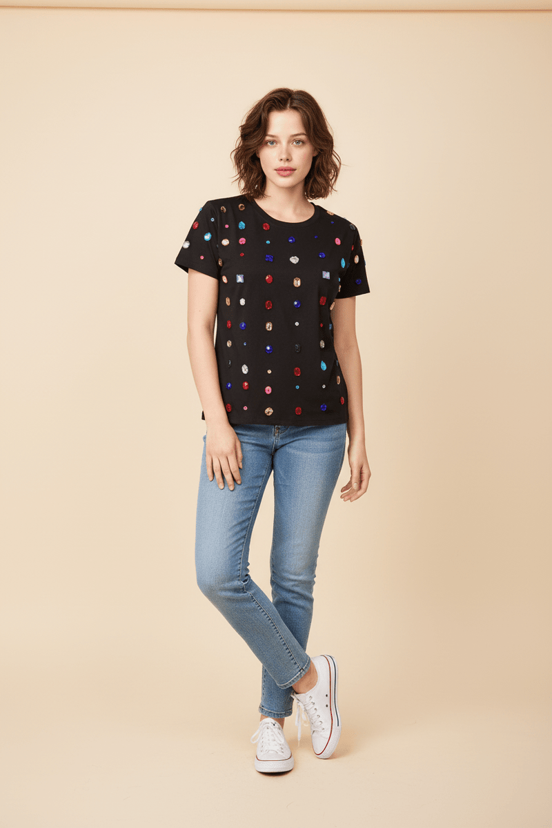 Blusa Negra con Pedrería Multicolor - GM Fashion Boutique