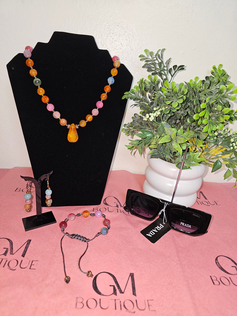 Set Collar, Pulsera y Pantallas piedras semipreciosas – Rosa, Naranja & Azul Claro