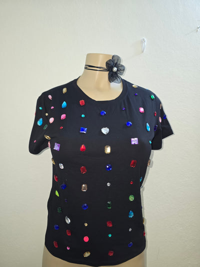 Blusa Negra con Pedrería Multicolor