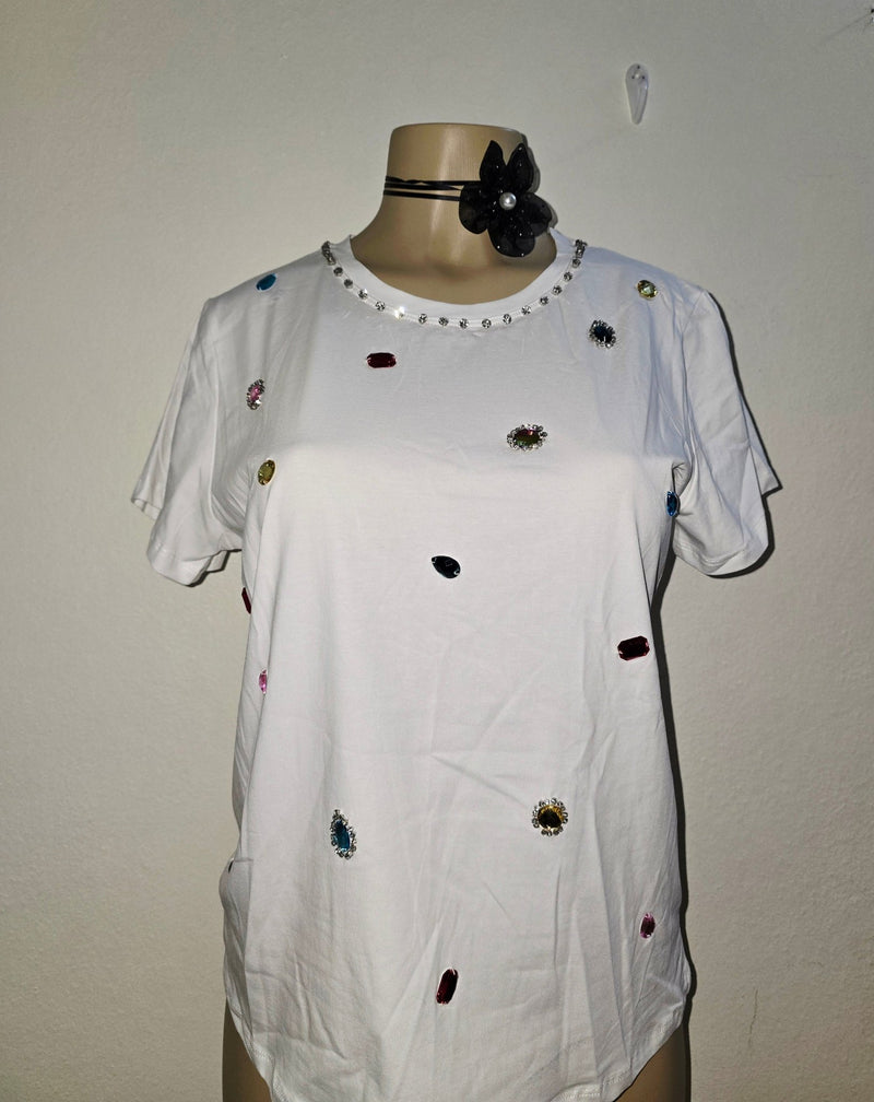 Blusa Blanca con Pedrería Multicolor