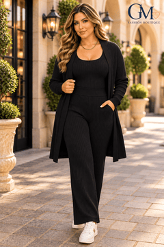 Conjunto de 3 Piezas para Mujer – Cárdigan, Crop Top y Pantalón de Tela Gruesa