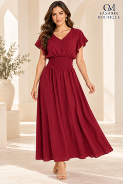 Vestido Largo con Mangas de Vuelo y Cintura Fruncida