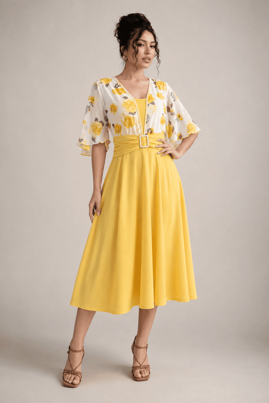 Vestido Midi con Capa Floral - GM Fashion Boutique
