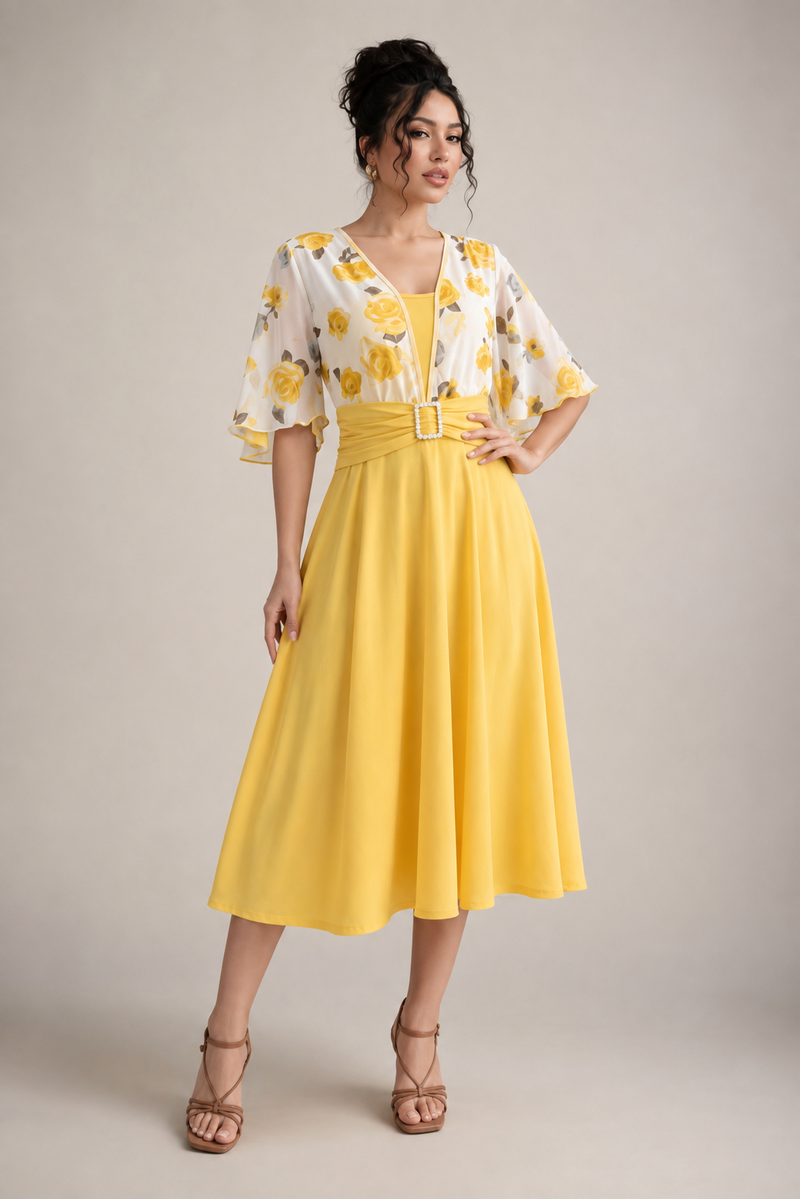 Vestido Midi con Capa Floral