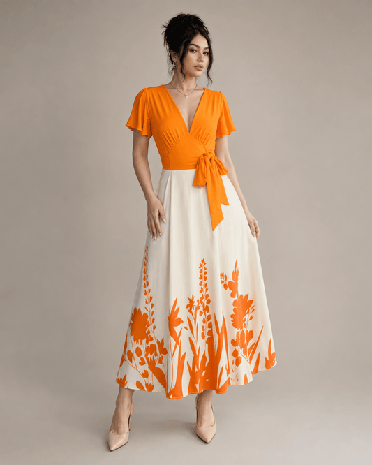 Vestido Midi Bicolor con Falda Floral - moda femenina elegante | GM Fashion Boutique
