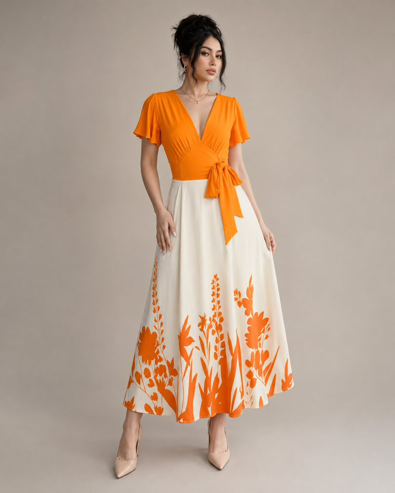Vestido Midi Bicolor con Falda Floral