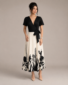 Vestido Midi Bicolor con Falda Floral