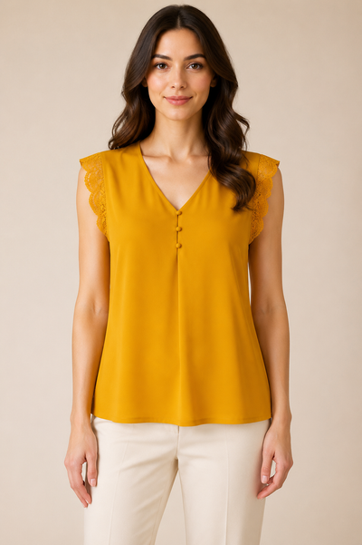 Blusa sin Mangas con Encaje y Cuello en V