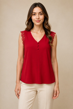 Blusa sin Mangas con Encaje y Cuello en V