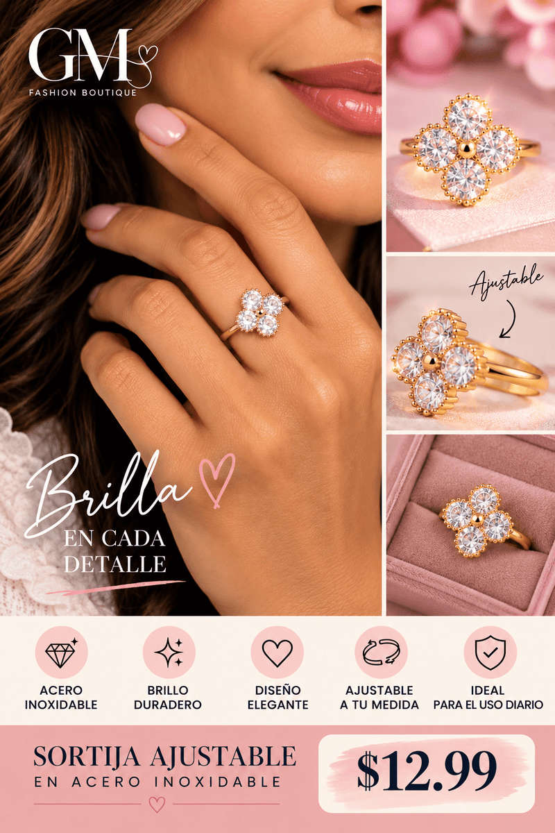 Sortija Ajustable Flor de Cristales en Acero Inoxidable - GM Fashion Boutique
