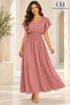 Vestido Largo con Mangas de Vuelo y Cintura Fruncida