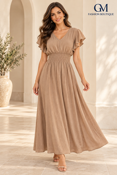 Vestido Largo con Mangas de Vuelo y Cintura Fruncida