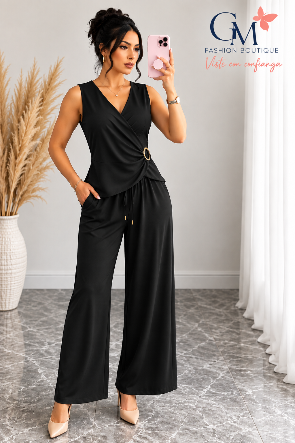 Conjunto de Mujer 2 Piezas con Pantalón Palazzo y Blusa Cruzada
