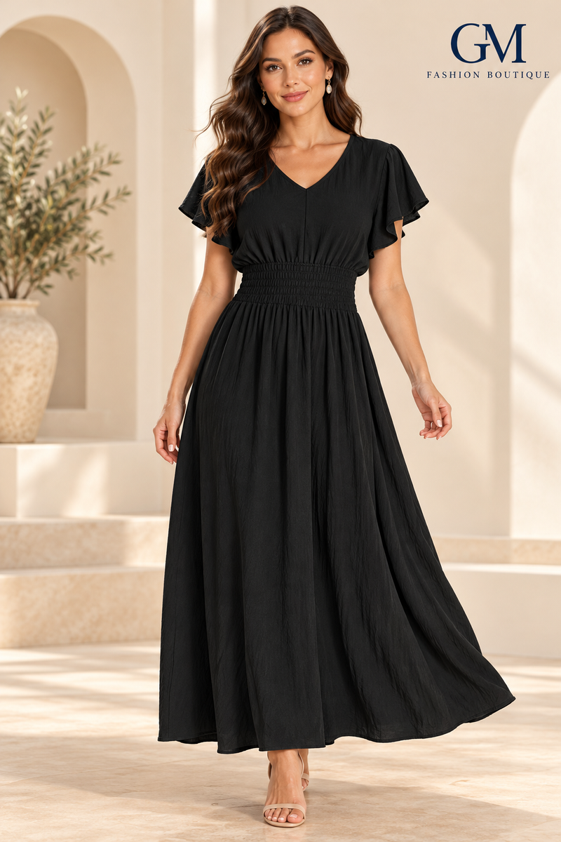 Vestido Largo con Mangas de Vuelo y Cintura Fruncida