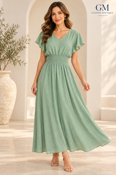 Vestido Largo con Mangas de Vuelo y Cintura Fruncida