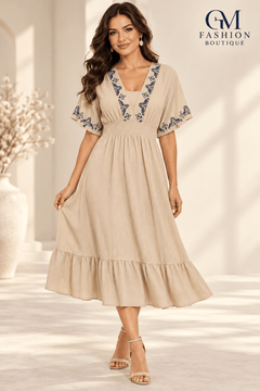 Vestido Midi Bordado con Cintura Fruncida - GM Fashion Boutique