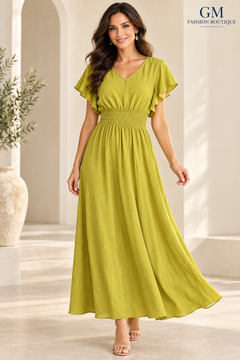 Vestido Largo con Mangas de Vuelo y Cintura Fruncida
