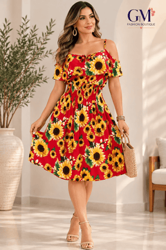 Vestido Girasoles Encanto Floral – Hombros Descubiertos
