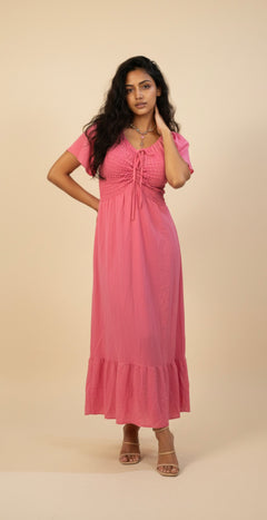 Vestido Midi Romántico con Fruncido y Lazo Ajustable - GM Fashion Boutique