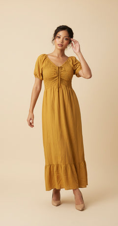 Vestido Midi Romántico con Fruncido y Lazo Ajustable - GM Fashion Boutique