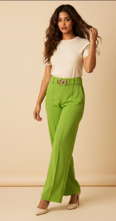 Pantalón de Vestir de Corte Recto con Cinturón Decorativo en Cadena - GM Fashion Boutique