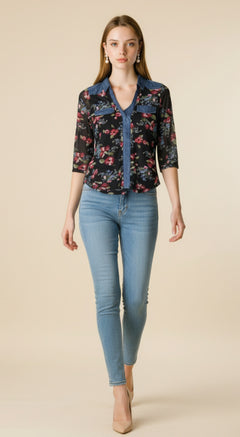 Blusa Floral con Detalle Denim – Estilo Casual Chic - GM Fashion Boutique