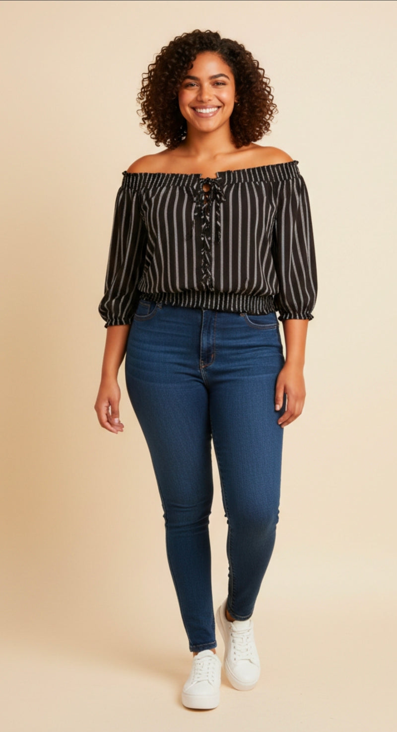 Blusa Campesina a Rayas con Cordón Frontal - GM Fashion Boutique