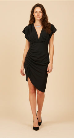 Vestido Elegante Drapeado con Escote en V – Corte Asimétrico - GM Fashion Boutique