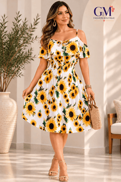 Vestido Girasoles Encanto Floral – Hombros Descubiertos