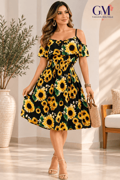 Vestido Girasoles Encanto Floral – Hombros Descubiertos